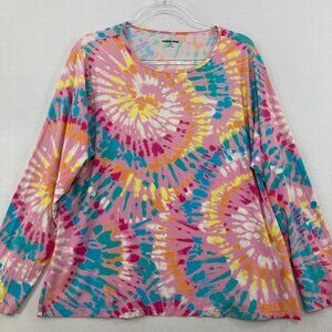 Lands' End size 1X Pink Blue Tie Dye Colorful Sun Protection Long Sleeve Top